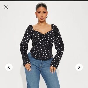 Fashion Nova Black Polka Dot Long Sleeve Sweetheart Top